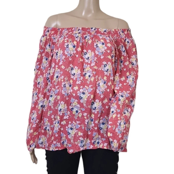 Chaps floral smock neck puff sleeve pull over top - Picture 1 of 4